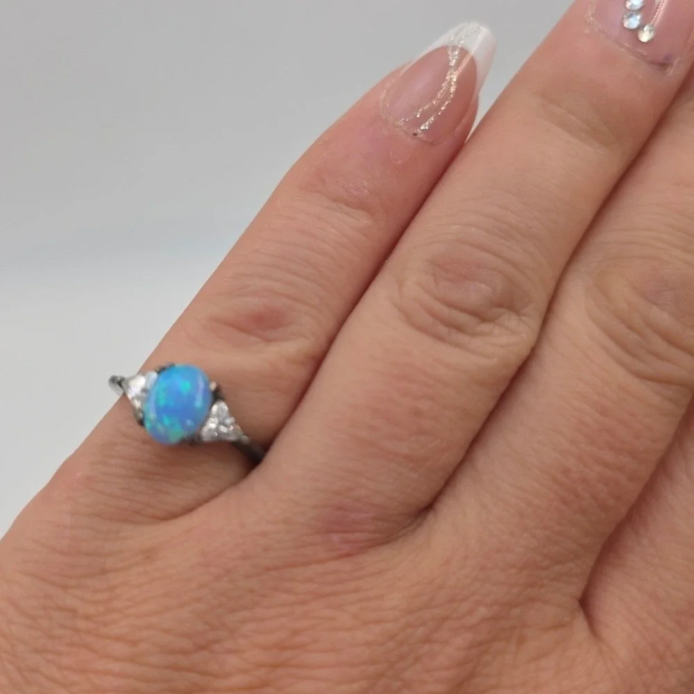 Sterling Silver‎ 925 Blue Opal Trillion CZ Three Stone Ring Size 6.25 Oxidized